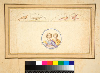 Marido e mulher (bustos) em círculo central (giz preto, alguns com caneta e tinta marrom. cor com aquarela) de Pietro Santi Bartoli