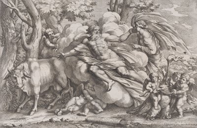 Io à esquerda como uma vaca, Júpiter em uma nuvem no centro e Juno à direita com pu..., 1650-90. de Pietro Santi Bartoli