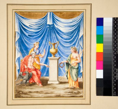 Júpiter sentado à esquerda com uma águia e uma figura feminina (giz preto, alguns com caneta e tinta marrom. Colorido com aquarela) de Pietro Santi Bartoli