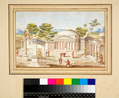 Paisagem com o Pantheon (giz preto, alguns com caneta e tinta castanha. cor com aguarela) de Pietro Santi Bartoli
