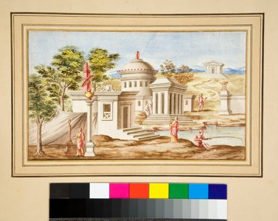 Grande desenho de uma parede com pinturas. (giz preto, alguns com caneta e tinta castanha. cor com aguarela) de Pietro Santi Bartoli