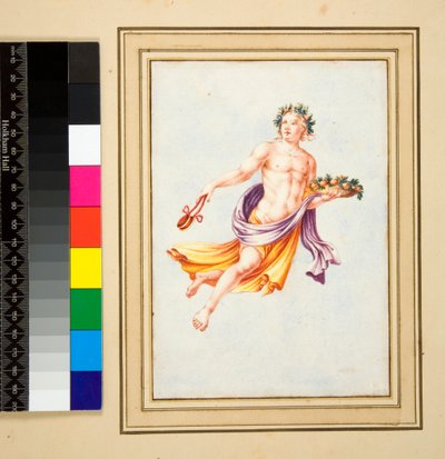 Figura masculina com guirlanda de folhas (giz preto, algumas com caneta e tinta marrom. Coloridas com aquarela) de Pietro Santi Bartoli