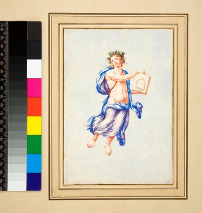 Figura masculina pairando (giz preto, alguns com caneta e tinta marrom. cor com aquarela) de Pietro Santi Bartoli