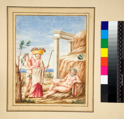 Homem reclinável, senhora e juventude (giz preto, alguns com caneta e tinta castanha. cor com aguarela) de Pietro Santi Bartoli