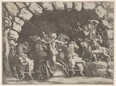 Plutão, visto por trás, entrando no Underwold em sua cadeira, Cereberus e três Fu ..., ca. 1680 de Pietro Santi Bartoli