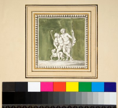 Três painéis de prata da frente de uma arca de madeira (giz preto, alguns com caneta e tinta marrom. cor com aquarela) de Pietro Santi Bartoli