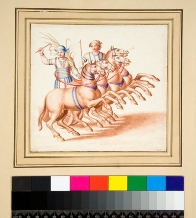 Dois charioteers (giz preto, alguns com caneta e tinta castanha. cor com aguarela) de Pietro Santi Bartoli