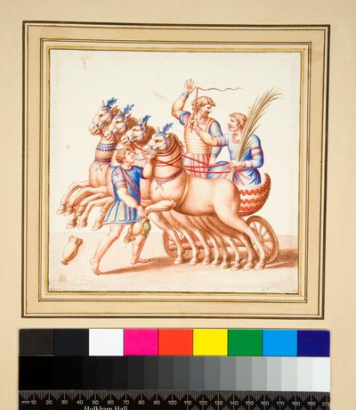 Dois charioteers (giz preto, alguns com caneta e tinta castanha. cor com aguarela) de Pietro Santi Bartoli