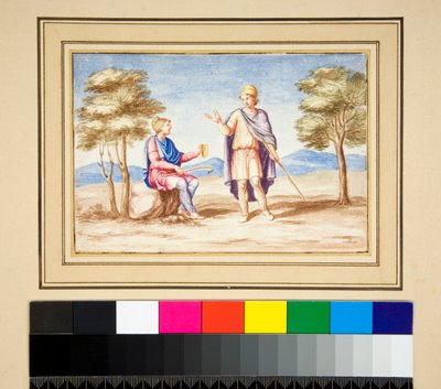 Dois homens em bonés Phrygain (giz preto, alguns com caneta e tinta castanha. cor com aguarela) de Pietro Santi Bartoli