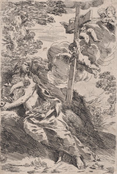 Maria Madalena no deserto, uma cruz carregada por anjos à direita, ca. 1630. de Pietro Testa