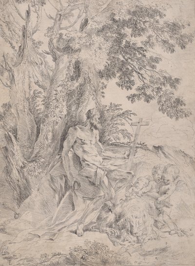 São Jerônimo diante de um crucifixo acompanhado por um leão e três putti, ca. 1631-37. de Pietro Testa