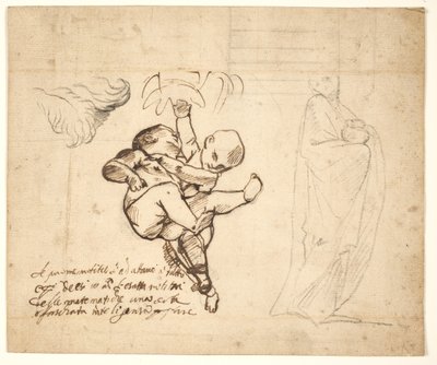 Estudo para dois jogando putti, folhas e uma figura drapeada com uma urna de Pietro Testa