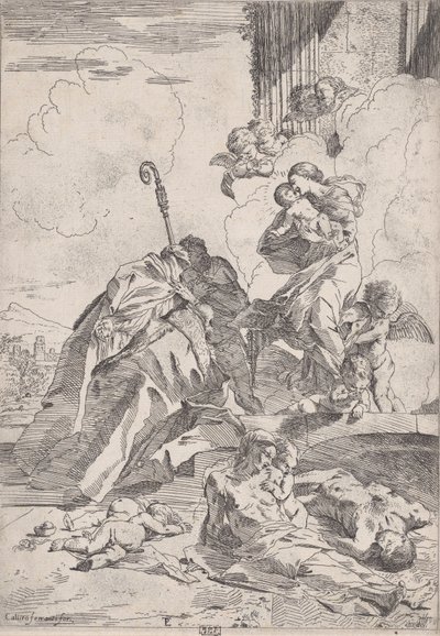 Três santos Lucchese intercedendo junto à Virgem pelas vítimas da peste...., ca. 1630-31. de Pietro Testa