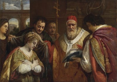 Flavia Domitilla (morte apres 95) recebant le voile du pape Clemente I - Santa Domitilla recebendo o véu do Papa Clemente I par Cortona, Pietro da (1596-1669). Óleo sobre tela, tamanho : 123x172,7, , Coleção Particular de Pietro da Cortona