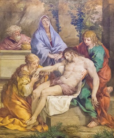 Pieta com a Virgem, São João Baptista, Santa Maria Madalena e Nicodemos (fresco) de Pietro da (1596 1669) Cortona