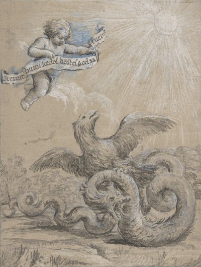 Desenho com Águia Lutando com Serpente e Putto no Céu Segurando..., Século XVII. de Pietro da Cortona