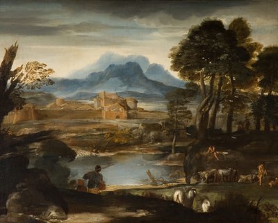 Paisagem com um lago e uma cidade murada, 1635. de Pietro da Cortona