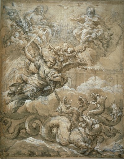A Santíssima Trindade com São Miguel conquistando o dragão, 1666 de Pietro da Cortona