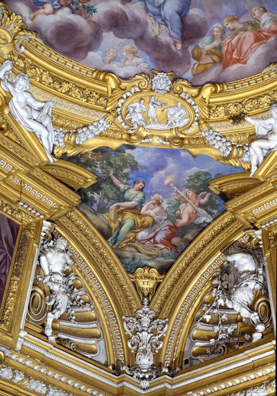 A, sala, de, apollo, corredor, de, apollo, detalhe, de, pendentive, descrevendo, a, muses, polyhymnia, e, erato, c.1647, fresco de Pietro da Cortona