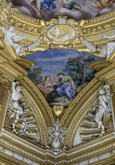 A Sala di Apollo Hall of Apollo detalhe de pendentista retratando as musas Thalia e Clio, c.1647 afresco de Pietro da Cortona