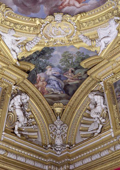 A sala de Apollo Hall of Apollo detalhe de pendentista retratando as musas Urania e Euterpe, c.1647 afresco de Pietro da Cortona