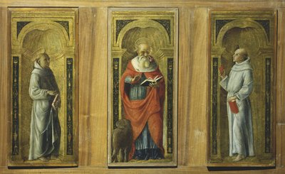 Três painéis - São Francisco, São Jerônimo e Santo Antônio de Pádua, c.1480 (têmpera sobre painel) de Pietro di Francesco degli (circle of) Orioli