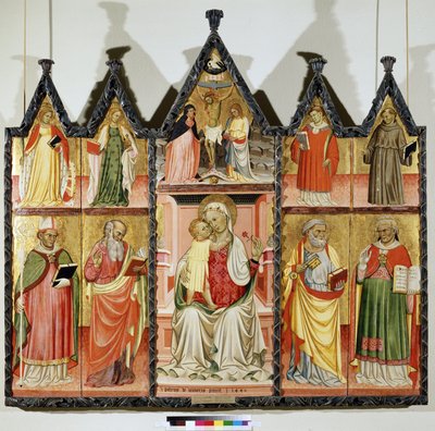 Políptico da Virgem e do Menino com Santos. Superior esquerdo: Santa Catarina de Alexandria e Santa Maria Madalena. No centro ao redor de Cristo na Cruz com a inscrição ""INRI"" (I.N.R.I.). a Virgem Maria e São João. Superior direito: S de Pietro di Giovanni Lianori