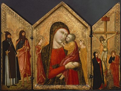 Madonna e Criança, a Crucificação e Santos, c.1340-1370 (têmpera e folha de ouro no painel) de Pietro follower of Lorenzetti