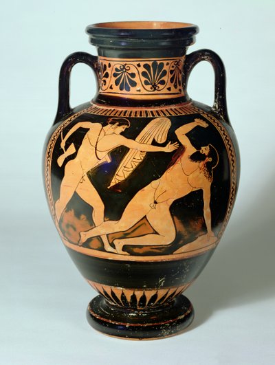 Ânfora de pescoço de figuras vermelhas representando Teseu prestes a matar Procusto, 480-470 aC (argila) de Pig Painter