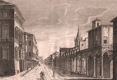 Vista da Strada Maggiore em Bolonha, Emília-Romanha, Itália, gravura em cobre de C Lambertini segundo um desenho de Pio Panfili (1723-1812), cerca de 13,5x19 cm de Pio Panfili