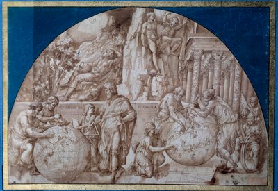 Alegoria astronómica. Os cientistas estão a fazer medições nos globos terrestres. Desenho com tinta castanha de Pirro Ligorio (cerca de 1500-1583) Paris do século XVI, Museu do Louvre de Pirro Ligorio