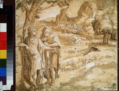 "Pastor e peregrino numa paisagem Aquarela e tinta de Pirro Ligorio (1510-1583) 1550 aproximadamente Museu Pushkin, Moscovo de Pirro Ligorio