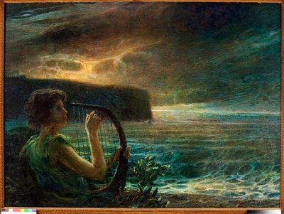 Lua cheia, Homenagem a uma divindade feminina, jogando lira numa paisagem marítima com céu tempestuoso (óleo sobre tela de Plinio Nomellini