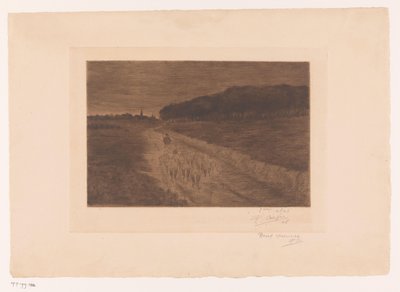 Rebanho de ovelhas com pastor em uma estrada de charneca de Pol Craps (signed by artist)
