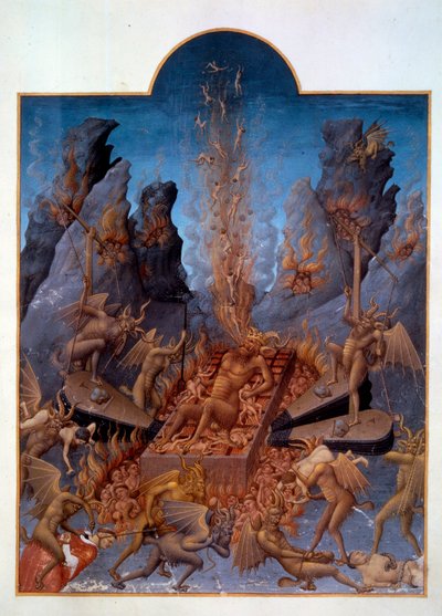 Que diabo. Os demônios operam o fole para agitar o fogo, queimando as represas e fazendo-as sofrer vários tormentos. Miniatura em "As horas muito ricas do Duque de Berry". Pintura de Pol De Limburg (século XV) de Pol de Limbourg