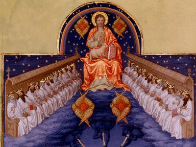 São João a Patmos. "Miniatura em "As horas muito ricas do Duque de Berry" de Pol De Limburg (século XV). Chantilly, Musee Conde de Pol de Limbourg