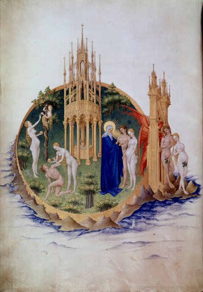 O pecado original, Adão e Eva expulsos da Miniatura do Paraíso em "The very rich hours of the Duke of Berry" por Pol De Limburg (século XV). Chantilly, Musee Conde de Pol de Limbourg