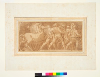 Friso com parte de um triunfo romano (caneta e tinta marrom e aguada marrom) de Polidoro da (after) Caravaggio