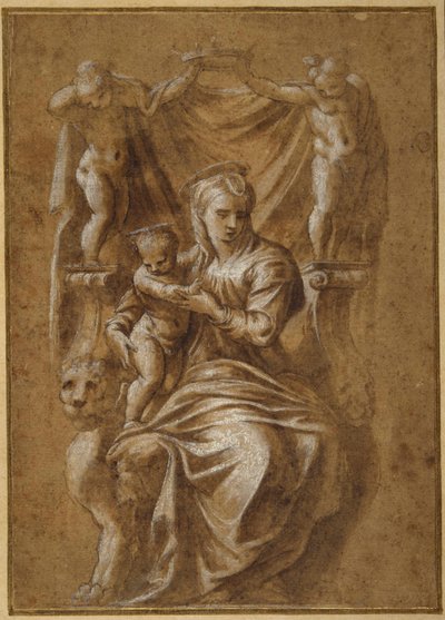 A Madonna e a Criança entronizadas (caneta e tinta castanha com a cor do corpo sobre papel) de Polidoro da (follower of) Caravaggio