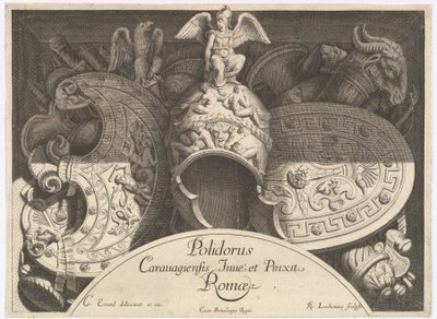 Troféus de armas Divers Trophées após a fachada do Palazzo Milesi em Roma, 1651 de Polidoro da Caravaggio