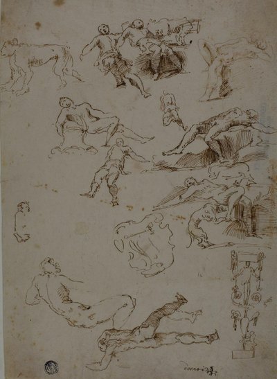 Esboços de nus masculinos, animais e detalhes ornamentais de Polidoro da Caravaggio