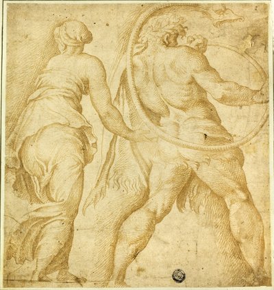 Mulher a virar à esquerda; nu masculino a tocar trompete de Polidoro da Caravaggio