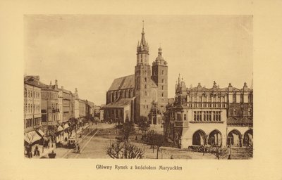 Cracóvia-Krakau: Praça do Mercado Principal com a Igreja de Santa Maria (fotografia a preto e branco) de Polish Photographer