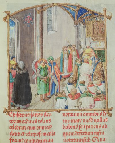 Ordenação sacerdotal do Bispo Erasmo Ciolek, c.1510 (têmpera e ouro em pergaminho) de Polish School