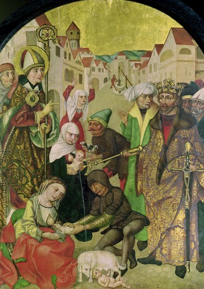 Estanislau (1030-79), observando a punição de esposas infiéis, como manda o painel do rei Boleslas II (1039-81) do Retábulo de St. Stanislas de Polish School