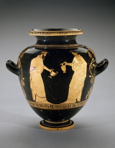 Stamnos de figura vermelha com cena de Dioniso com serva, 440-420 aC (terracota) de Polygnotos Polygnotos