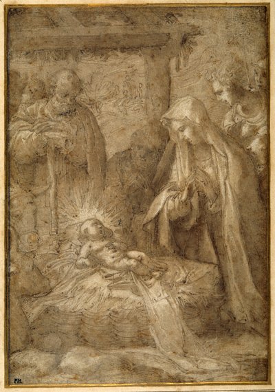 A Adoração dos Pastores (ponto metálico, caneta e tinta com lavagem e guache sobre papel) de Pompeo (fl.1569 71) (attr. to) Cesura