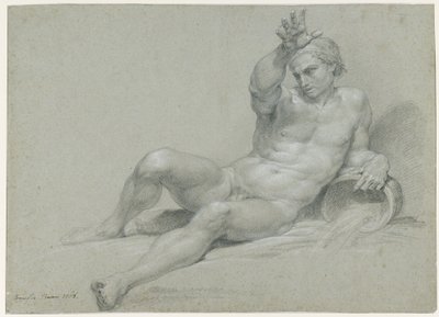 Estudo de nu de um modelo masculino reclinado, com o braço direito erguido, na pose de um antigo deus fluvial, visto obliquamente da esquerda de Pompeo Girolamo Batoni
