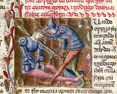Batalha entre Martin Gomez e El Cid (c.1043-99) de Crônicas da Espanha, 1344 de Portuguese School