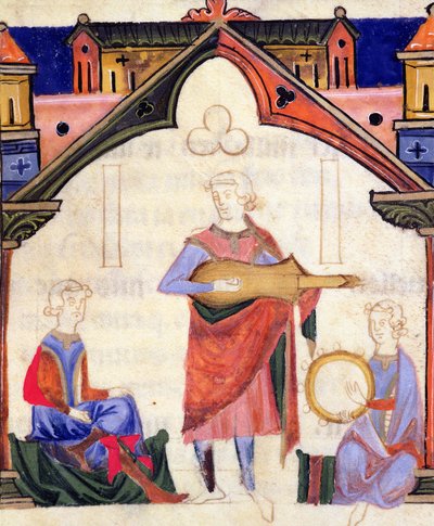 Fol.12v Músicos tocando violão e pandeiro, do Chansonnier des Nobles de Portuguese School